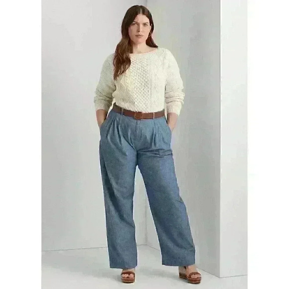 NEW! Lauren Ralph Lauren Women's 20W Pleated Chambray Wide-Leg Pant NWT $145 - Picture 1 of 6